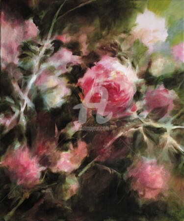 Schilderij getiteld "Le rosier rose" door Fabienne Monestier, Origineel Kunstwerk, Olie