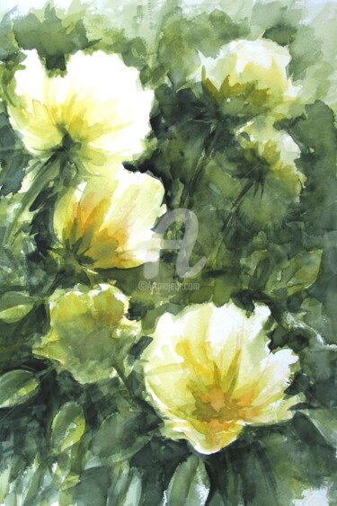 Peinture intitulée "Fleurs jaune pâle" par Fabienne Monestier, Œuvre d'art originale, Aquarelle