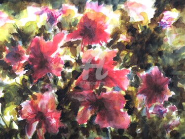 Painting titled "Les fleurs rouges -…" by Fabienne Monestier, Original Artwork, Watercolor