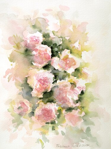 Schilderij getiteld "Les roses - étude à…" door Fabienne Monestier, Origineel Kunstwerk, Aquarel