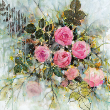 Peinture intitulée "Pluie sur les roses" par Fabienne Monestier, Œuvre d'art originale, Acrylique