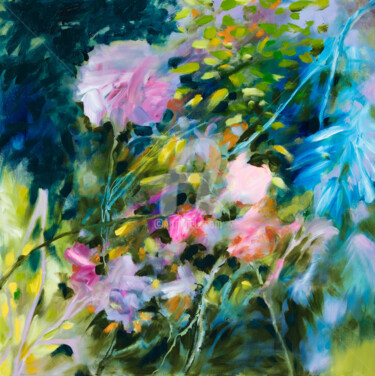 Painting titled "Au jardin - huile s…" by Fabienne Monestier, Original Artwork, Oil Mounted on Wood Stretcher frame