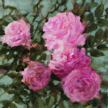 Painting titled "Roses roses fuchsia" by Fabienne Monestier, Original Artwork, Oil Mounted on Wood Stretcher frame