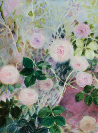 Painting titled "Roses vaporeuses...…" by Fabienne Monestier, Original Artwork, Oil