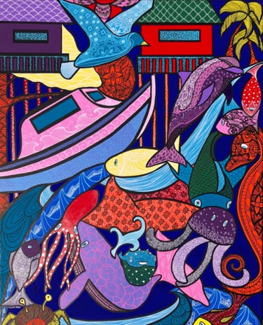 Painting titled "Destination Bassin" by Fabienne Riviere Patry, Original Artwork, Acrylic Mounted on Wood Stretcher frame