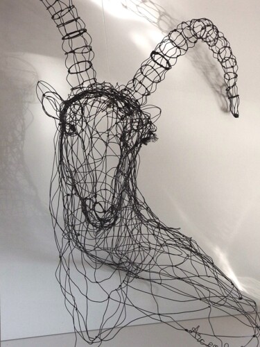 Sculpture titled "Bouquetin trophée" by Fabienne Quenard, Original Artwork, Wire
