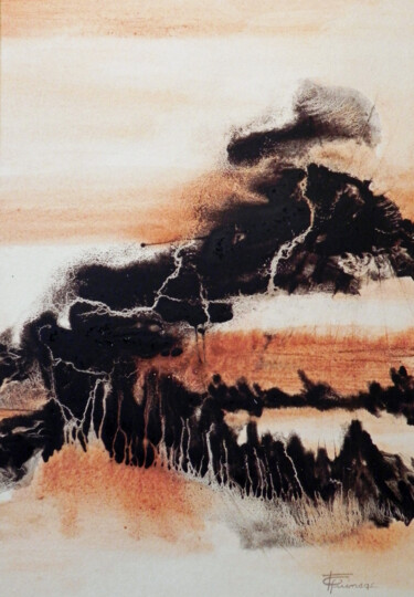 Painting titled "Volcan 2" by Fabienne Quinsac, Original Artwork, Ink