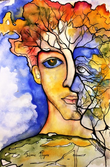 Painting titled "arbres" by Fabienne Roques, Original Artwork, Watercolor