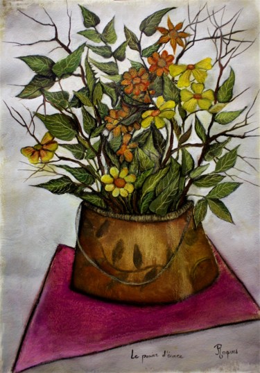 Peinture intitulée "le panier d'écorce" par Fabienne Roques, Œuvre d'art originale, Huile