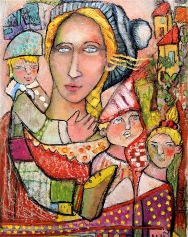 Картина под названием "une femme et trois…" - Fabienne Roques, Подлинное произведение искусства, Масло
