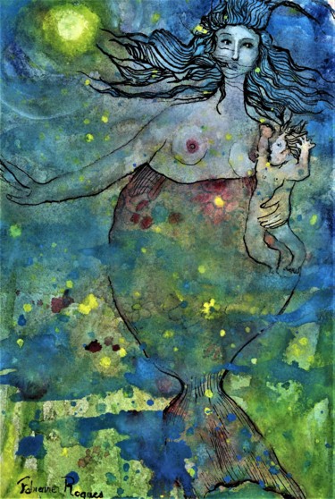 Peinture intitulée "La sirène a grossi" par Fabienne Roques, Œuvre d'art originale, Aquarelle