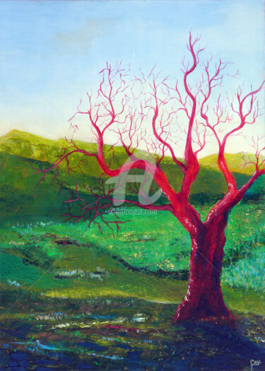 Pintura intitulada "L'arbre rouge" por Fasi, Obras de arte originais, Acrílico