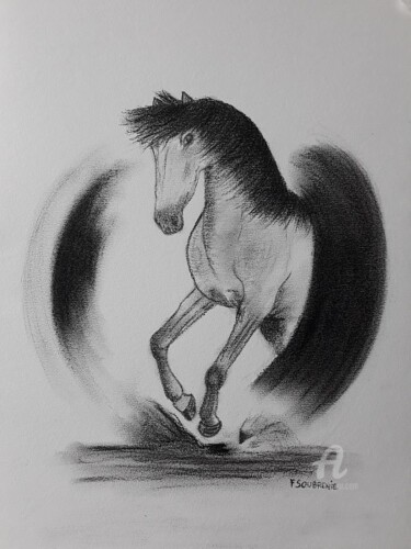 Drawing titled "Tête de cheval N°3" by Fabienne Soubrenie, Original Artwork, Charcoal