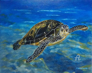 Painting titled "Tortue marine" by Fabienne Soubrenie, Original Artwork, Acrylic Mounted on Wood Stretcher frame