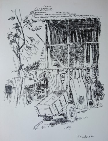 Drawing titled "La grange" by Vincent Dumolard, Original Artwork, Ink