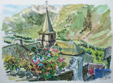 Painting titled "Camparan, le clocher" by Vincent Dumolard, Original Artwork, Watercolor