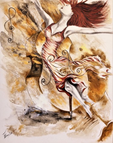 Painting titled "Danse à la contreba…" by Fabienne Pasquier Treuillet, Original Artwork, Pigments Mounted on Wood Stretcher…