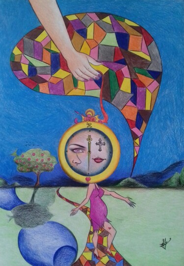 Peinture intitulée "A Dama e o Tempo" par Fábio Francisco Silva, Œuvre d'art originale, Crayon