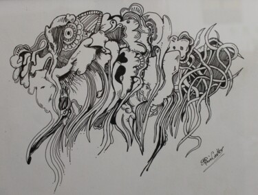 Drawing titled "Pianta" by Fabio Cisotto, Original Artwork, Gel pen Mounted on Wood Panel