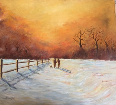 Pittura intitolato "Passeggiata inverna…" da Angelo Franzetti, Opera d'arte originale, Olio