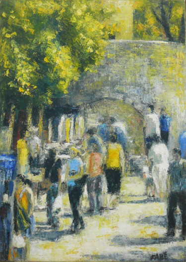 Painting titled "Vide grenier à Carr…" by Fabrice Bettrancourt, Original Artwork, Oil Mounted on Wood Panel