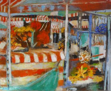 Painting titled "Marché" by Fabrice Bettrancourt, Original Artwork, Oil Mounted on Wood Stretcher frame