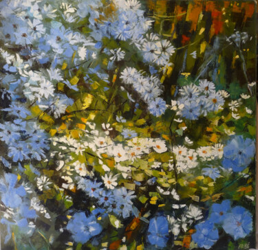 Painting titled "Fleurs bleues" by Fabrice Bettrancourt, Original Artwork, Oil Mounted on Wood Stretcher frame
