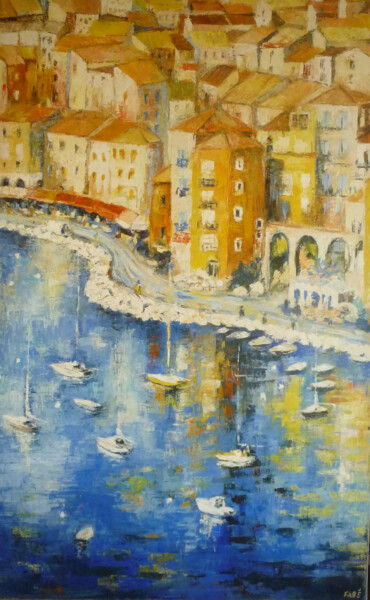 Painting titled "Villefranche sur mer" by Fabrice Bettrancourt, Original Artwork, Oil Mounted on Wood Stretcher frame