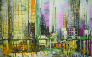 Painting titled "La Défense" by Fabrice Bettrancourt, Original Artwork, Oil Mounted on Wood Stretcher frame