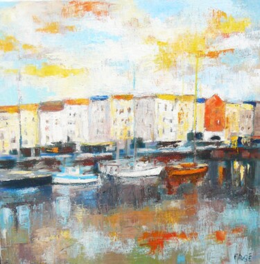Painting titled "Port de La Rochelle" by Fabrice Bettrancourt, Original Artwork, Oil Mounted on Wood Stretcher frame