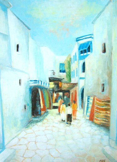 Painting titled "L'entrée du souk" by Fabrice Bettrancourt, Original Artwork, Oil Mounted on Wood Stretcher frame