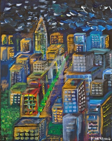 Pittura intitolato "Un soir sur la Ville" da Fabrice Deraison, Opera d'arte originale, Acrilico