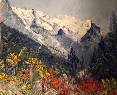 Pittura intitolato "fleur et montagne" da Fabrice Gerin, Opera d'arte originale, Olio
