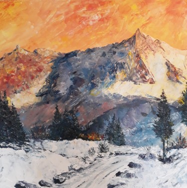 Painting titled "Montagne enneigée" by Fabrice Gerin, Original Artwork, Oil