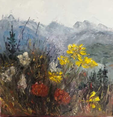 Painting titled "Fleurs et Montagnes…" by Fabrice Gerin, Original Artwork, Oil