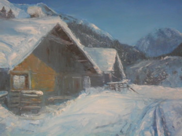 Painting titled "Montagne neige, jau…" by Fabrice Gerin, Original Artwork, Oil
