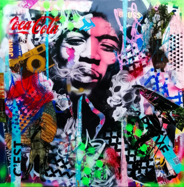 Collages titled "JIMMY HENDRIX" by Fabrice Hubert, Original Artwork, Collages Mounted on Wood Stretcher frame