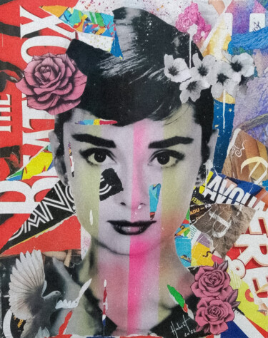 Collages getiteld "Audrey Hepburn" door Fabrice Hubert, Origineel Kunstwerk, Collages Gemonteerd op Frame voor houten branca…