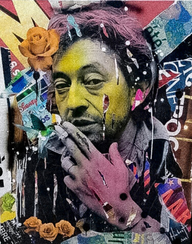 Collages titled "Gainsbourg" by Fabrice Hubert, Original Artwork, Collages Mounted on Wood Stretcher frame