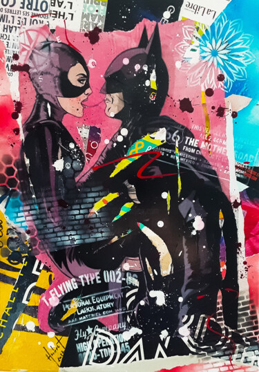 Κολάζ με τίτλο "Batman and Cat" από Fabrice Hubert, Αυθεντικά έργα τέχνης, Κολάζ Τοποθετήθηκε στο Ξύλινο φορείο σκελετό