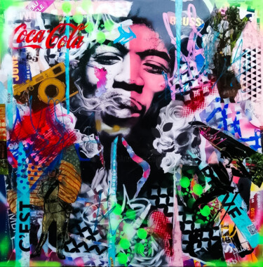 Collages getiteld "JIMMY HENDRIX" door Fabrice Hubert, Origineel Kunstwerk, Collages Gemonteerd op Frame voor houten brancard