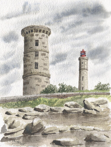 Painting titled "Phare de la baleine…" by Fabrice Richard, Original Artwork, Watercolor