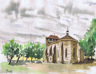Painting titled "Eglise basque" by Fabrice Richard, Original Artwork, Watercolor