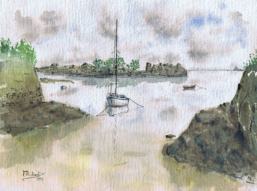 Painting titled "Bréhat, voilier bla…" by Fabrice Richard, Original Artwork, Watercolor