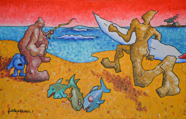 Painting titled "Surfeur Versus Pêch…" by Fabrice Réhel, Original Artwork