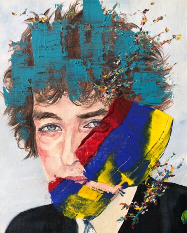 Painting titled "BOB DYLAN oil and a…" by Lautir, Original Artwork, Oil Mounted on Cardboard