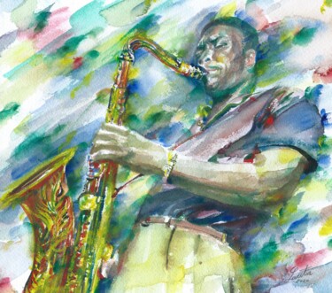 Schilderij getiteld "JOHN COLTRANE water…" door Lautir, Origineel Kunstwerk, Aquarel