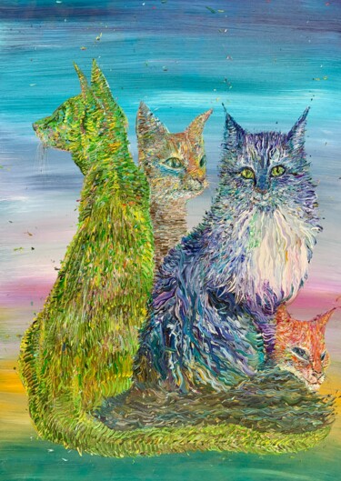 Painting titled "FOUR CATS (1.2016)" by Lautir, Original Artwork, Oil