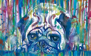 Painting titled "PUG RESTING ON THE…" by Lautir, Original Artwork, Watercolor