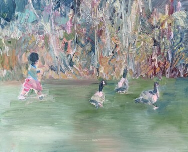 Painting titled "CHILD and GEESE" by Lautir, Original Artwork, Oil